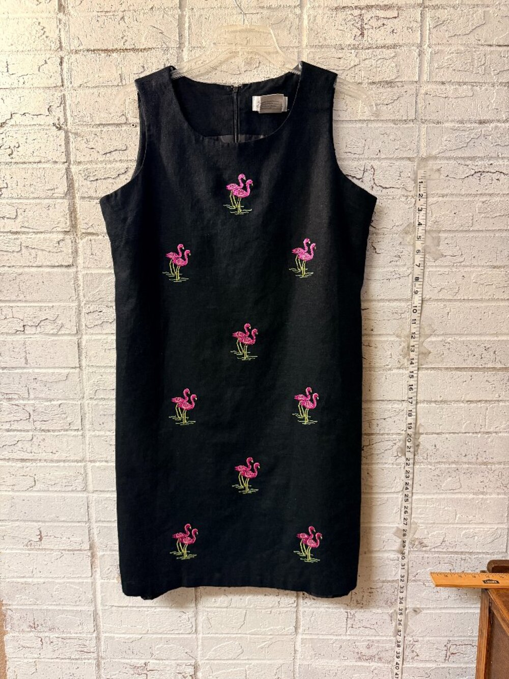 Giorgio Fiorlini Collection Black Linen Flamingo Embroidered Shift Dress Size 16